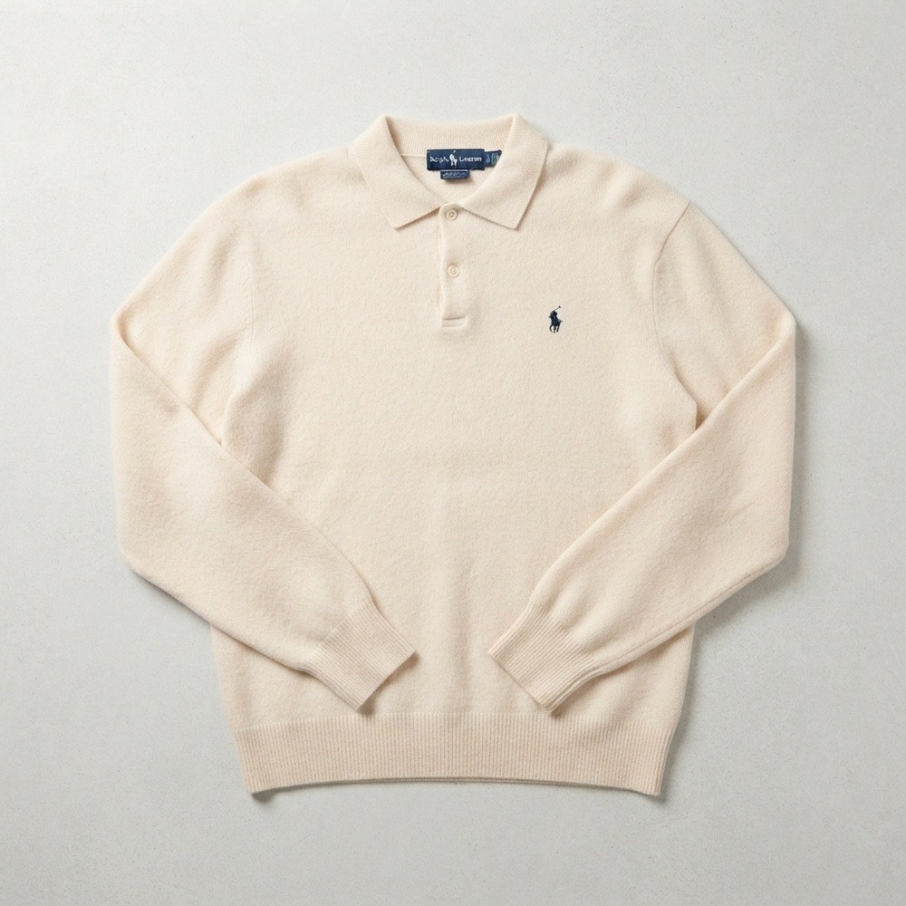 VINTAGE Polo Ralph Lauren 100% Lambswool Polo Sweater Italian Yarn Cream Large - Picture 1 of 11